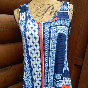 Cable & Gauge Womens Sz L Blue White Geometric Sleeveless Tunic Top Blouse